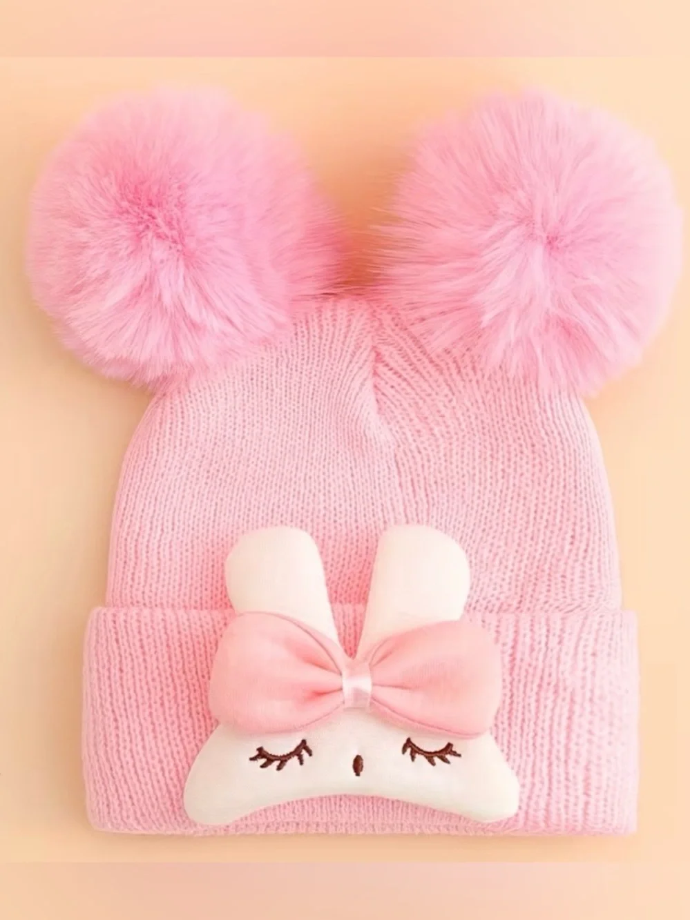 Pink Pom-Pom Bunny Knit Beanie Size 0-6 months